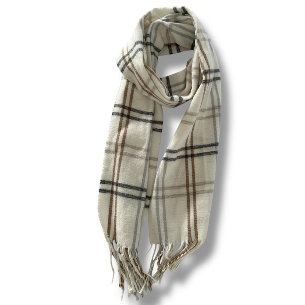 Vintage Cejon Cream Scarf with Plaid Print